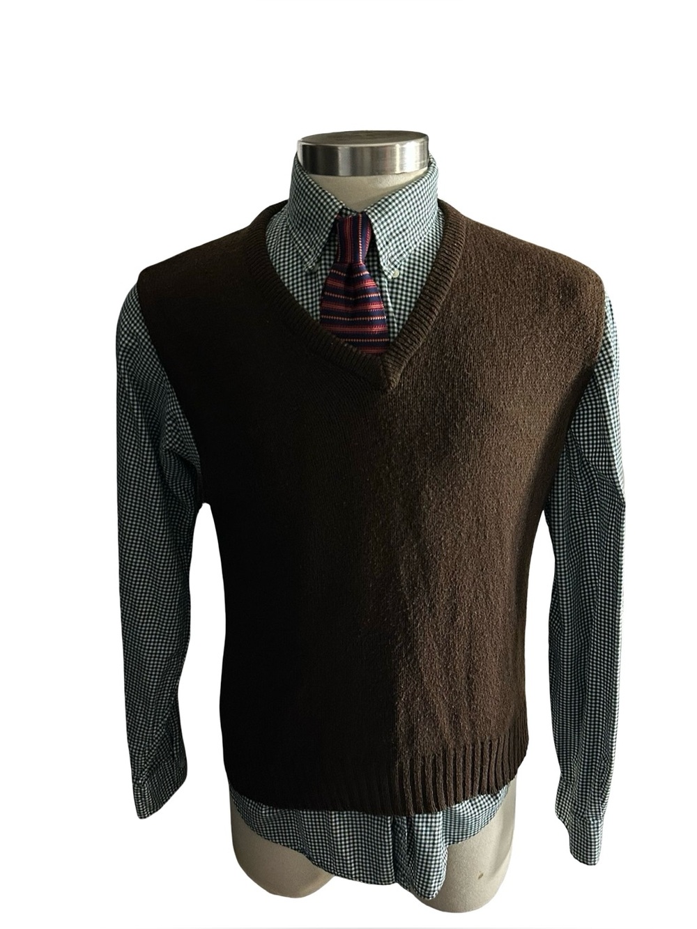 Vtg 70s Jantzen Men V Neck Sweater Vest Knit Brown Sz XL USA Grandad Preppy
